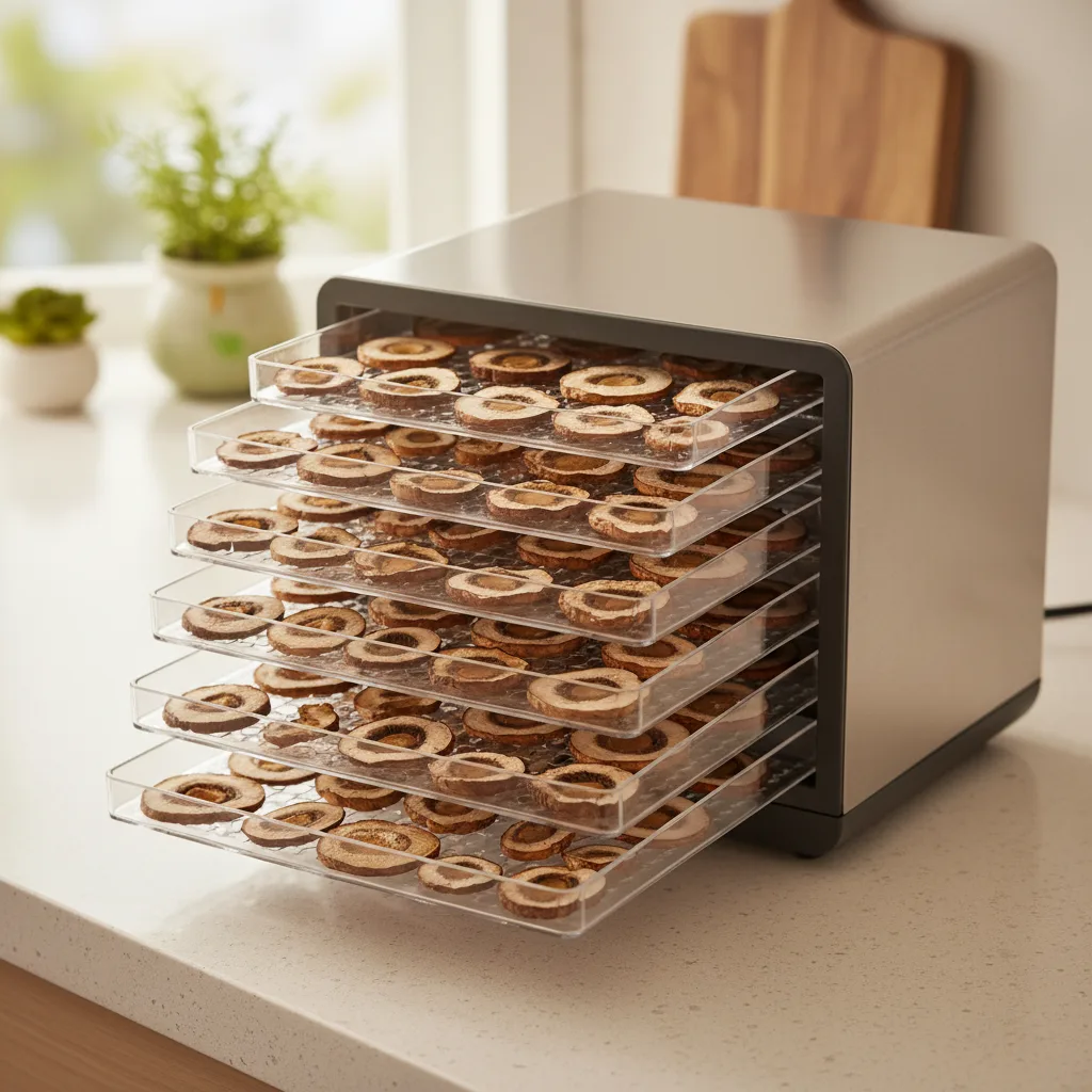 Food dehydrator trays with sliced mushrooms drying
