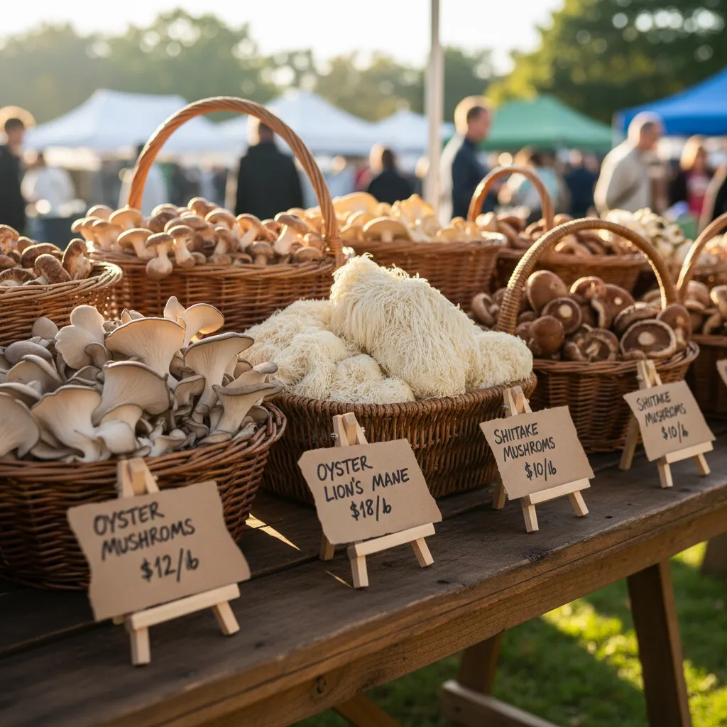 Fresh mushrooms displayed at a farmers market — a key sales channel for small farms