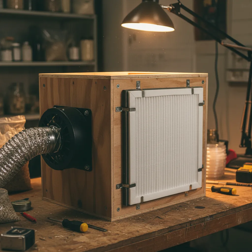 A DIY laminar flow hood — HEPA filter with blower motor in a wooden frame