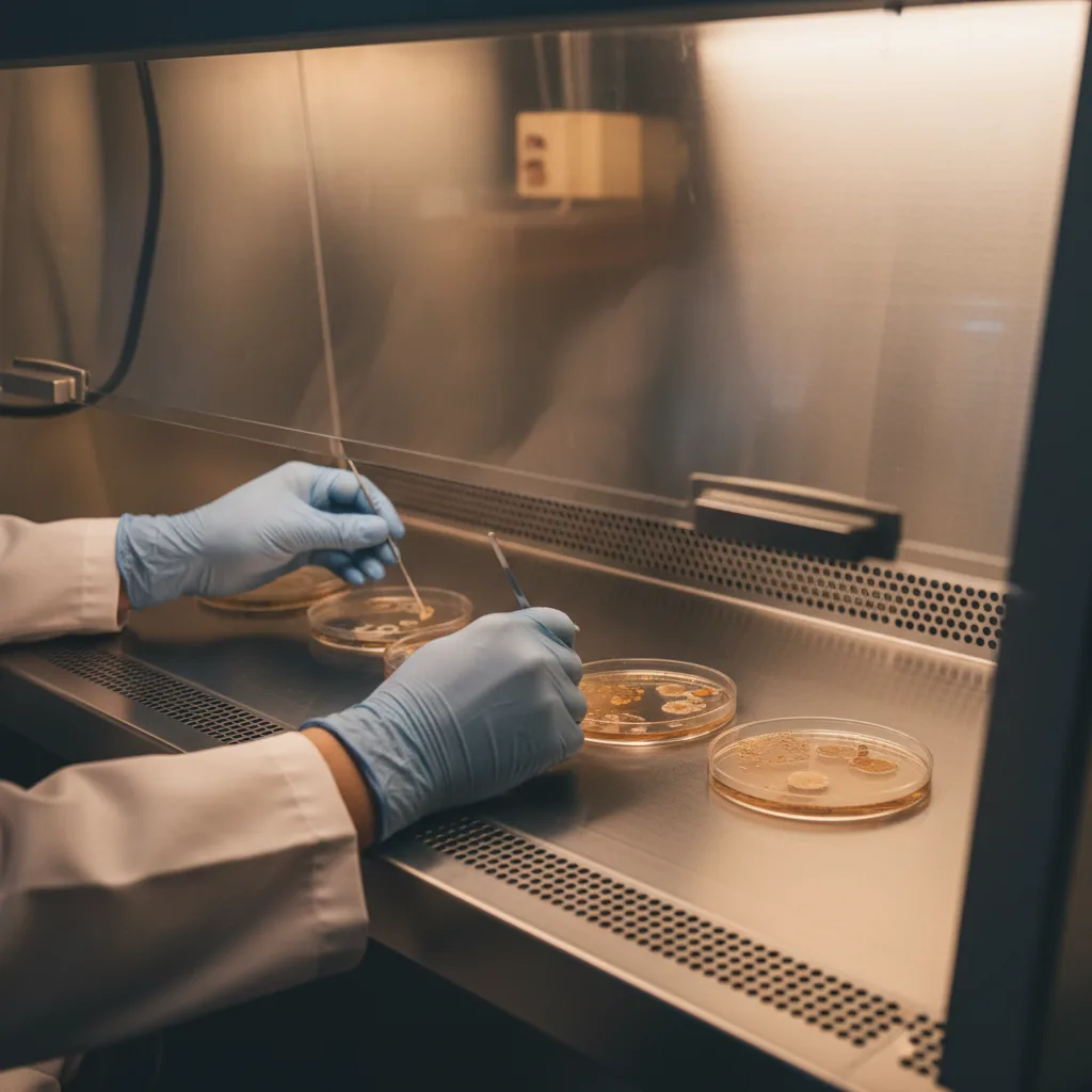 Working in front of a laminar flow hood — clean air flowing over the workspace