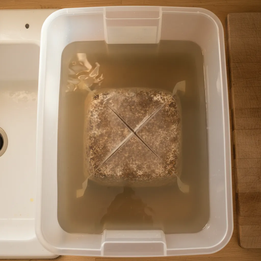 Rehydrating a spent grow block between flushes — fully submerged in water