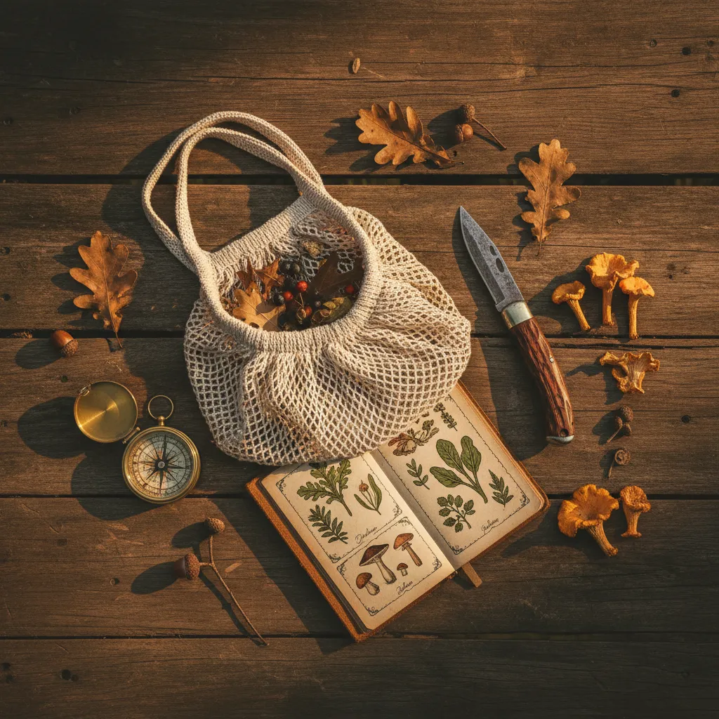 Essential mushroom foraging gear — mesh bag, knife, field guide, compass
