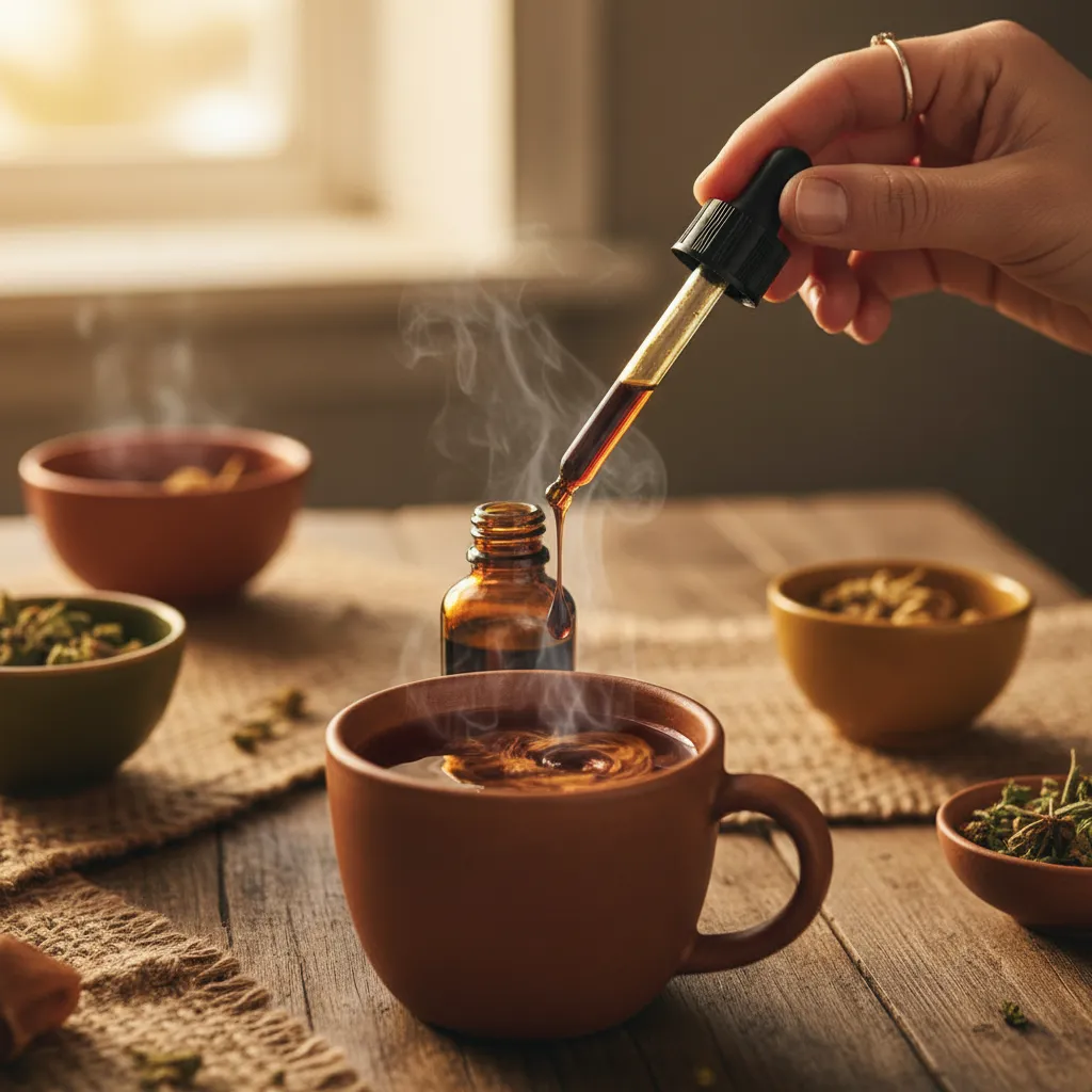 Tincture dropper adding extract to tea — fast-absorbing liquid format