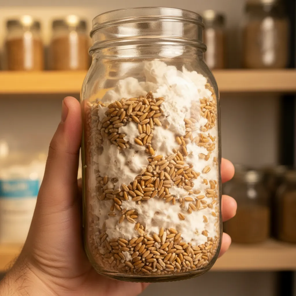 Shaking a grain jar to redistribute colonized grain and speed colonization