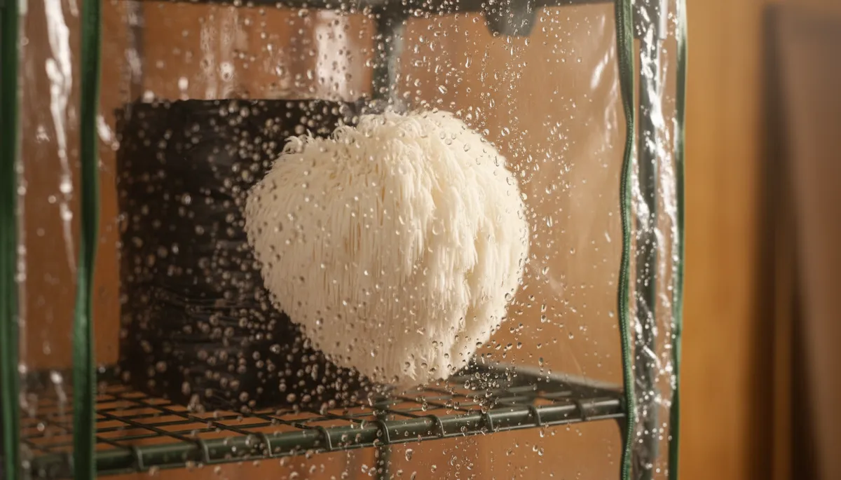 Lion's mane fruiting inside a humidity chamber with condensation on the walls