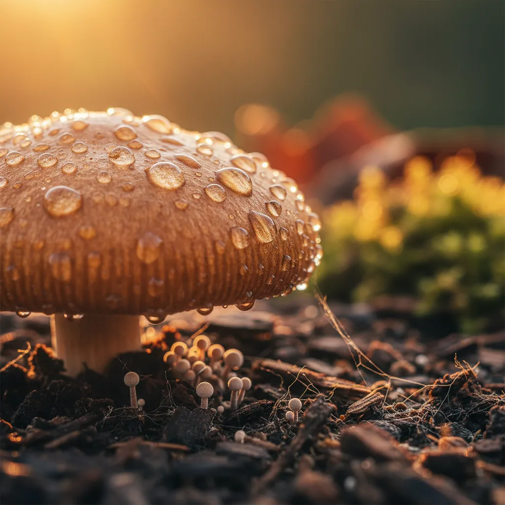 Early mushroom pins forming after misting — the magic of fruiting
