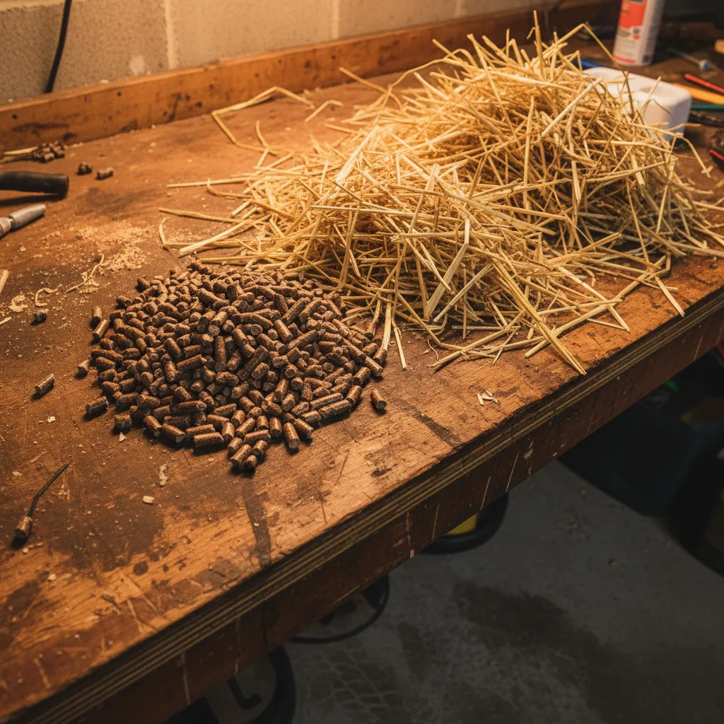 Common mushroom substrates — straw, hardwood pellets, and grain