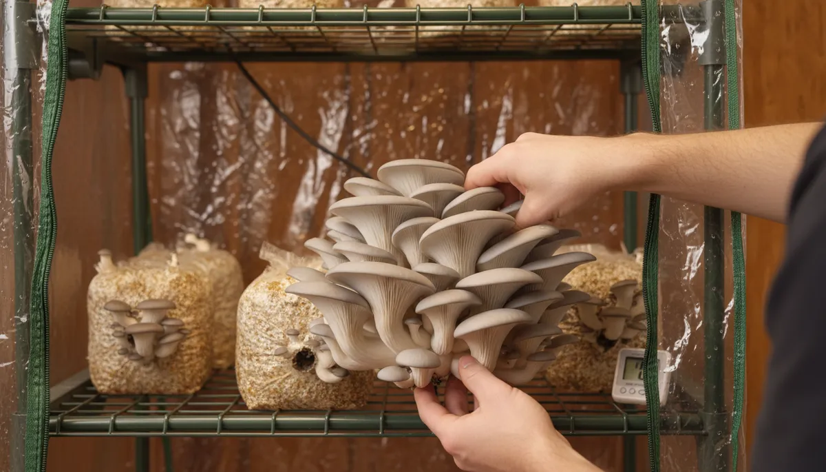 Harvesting fresh oyster mushrooms from a grow bag