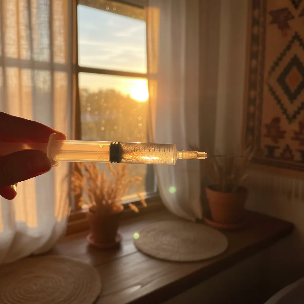 Liquid culture syringe held up to light — mycelium-rich solution inside