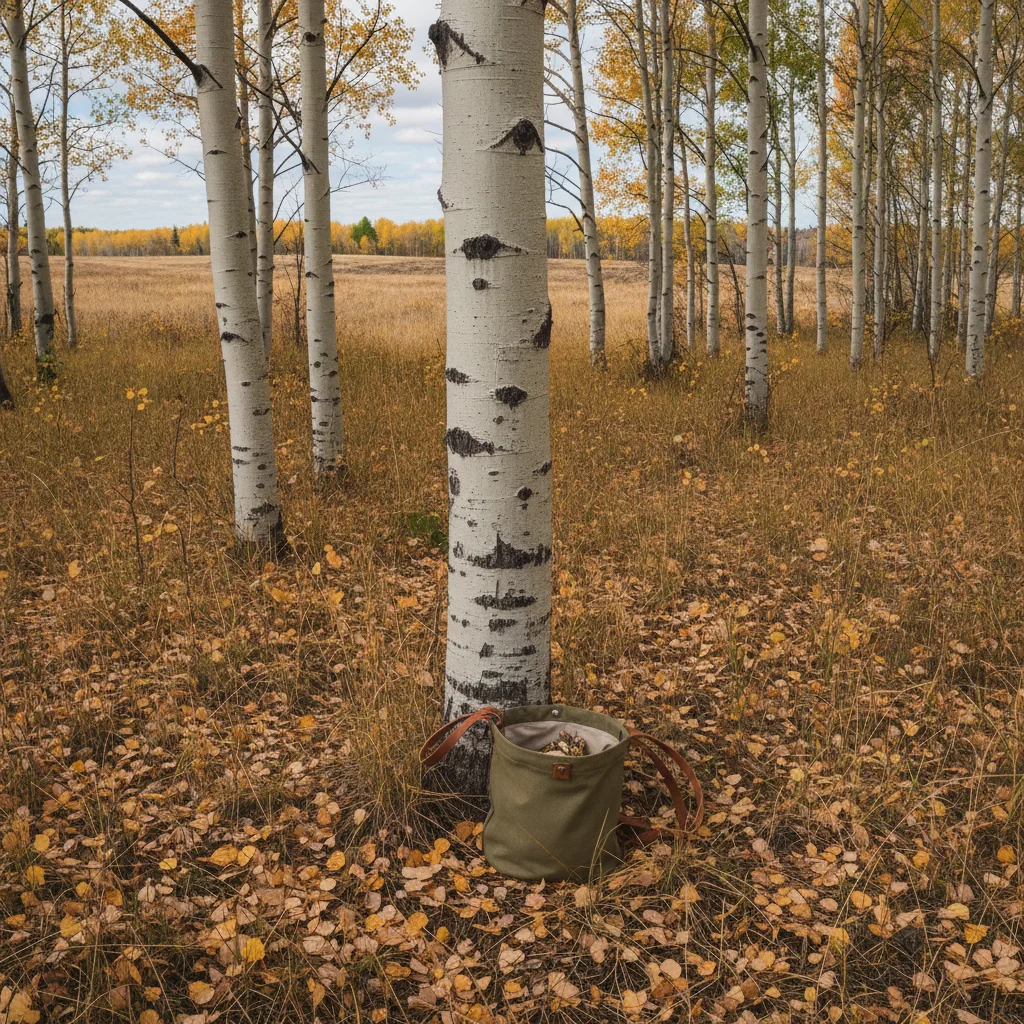Canvas foraging bag beside an aspen parkland path in Manitoba.