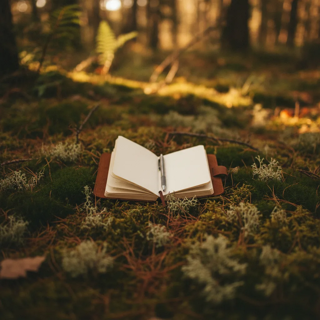Field notebook on a quiet Manitoba forest floor with moss, pine needles, and lichen.