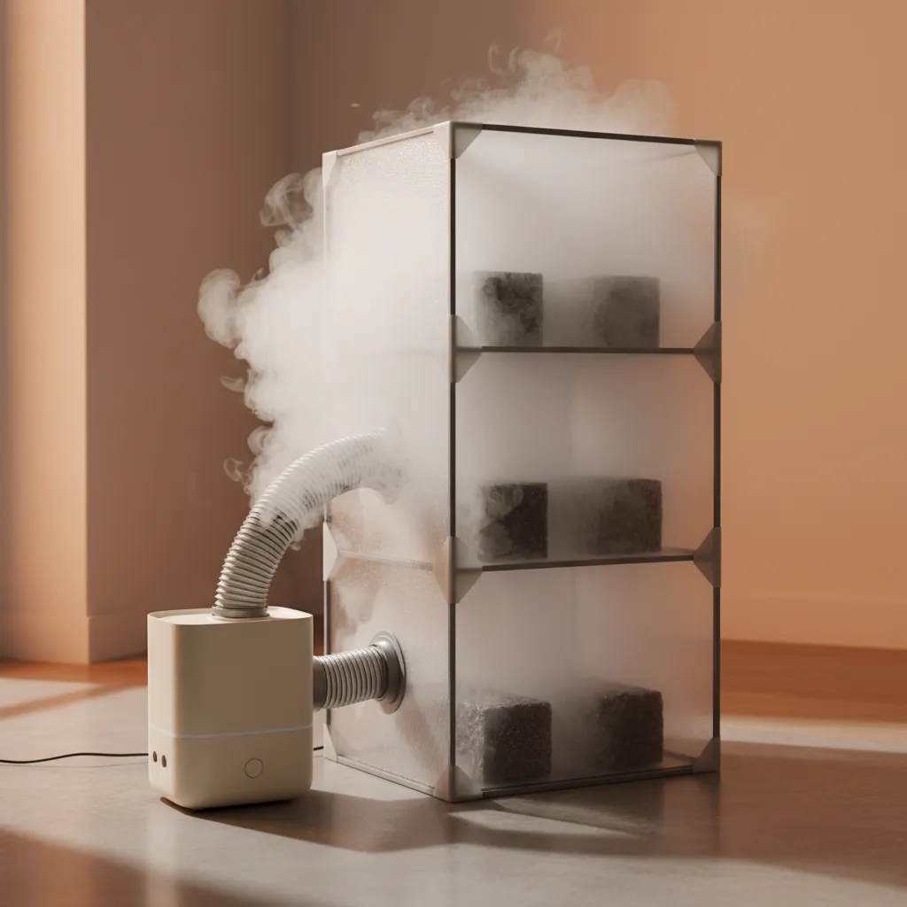 Ultrasonic fogger connected to ducting feeding mist into the tent