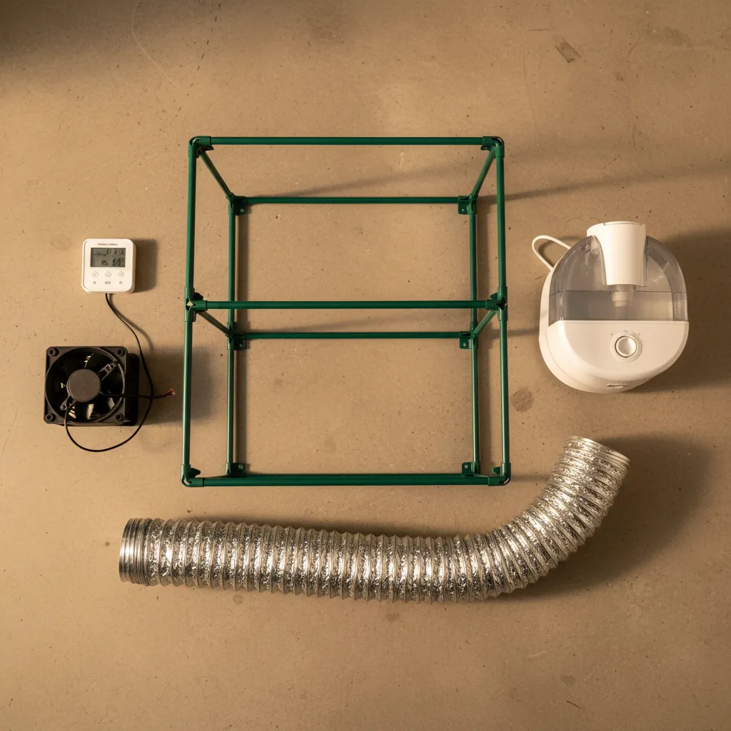 Martha tent components laid out — greenhouse frame, fogger, ducting, controller