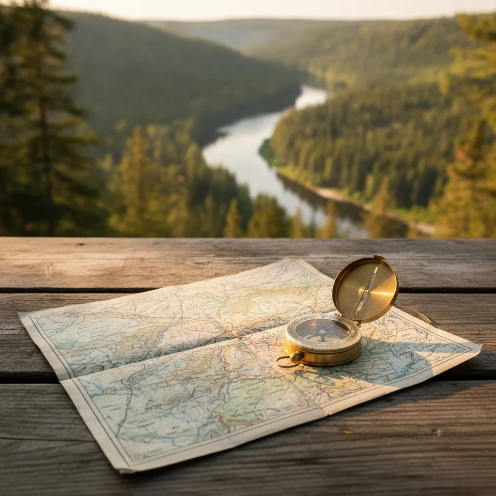 Topo map and compass on a picnic table near a New Brunswick river valley forest.