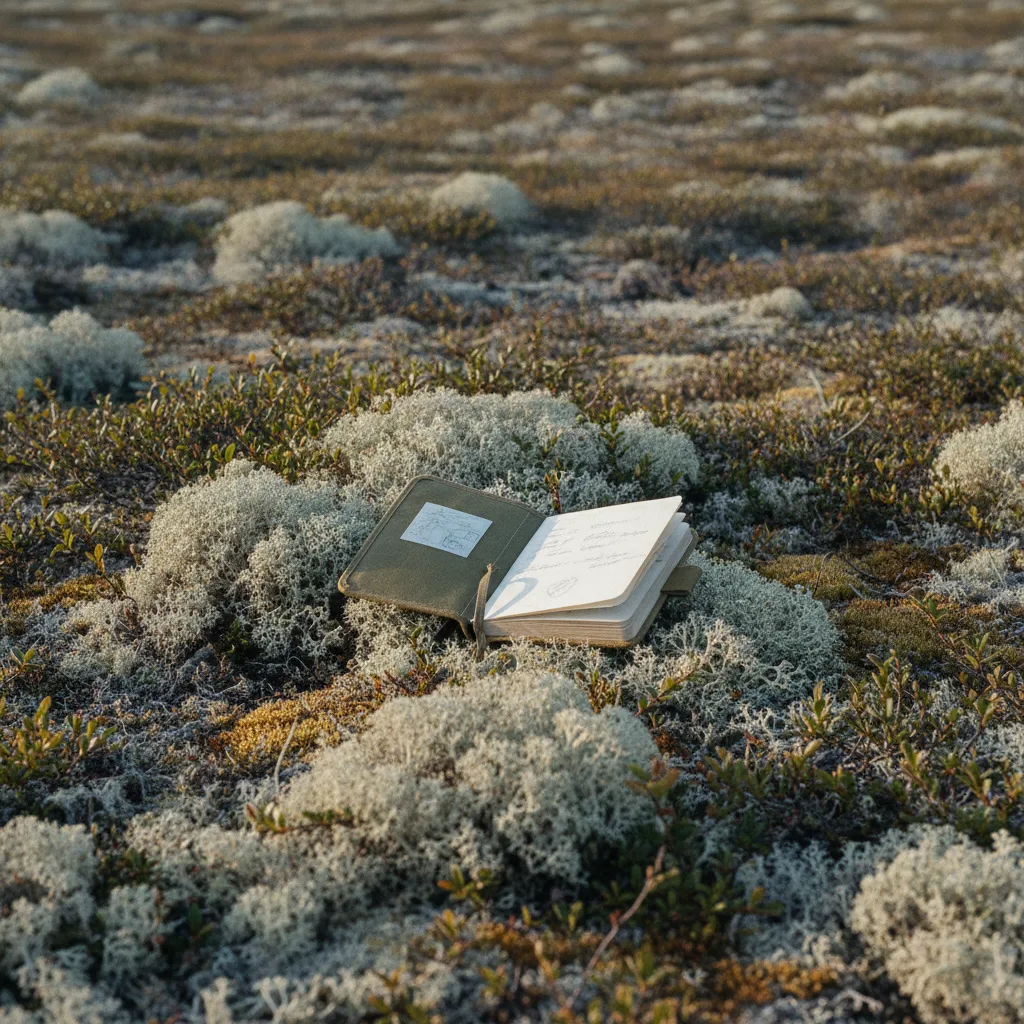 Field notebook resting on pale lichen and low shrubs in northern Canadian tundra-edge habitat.