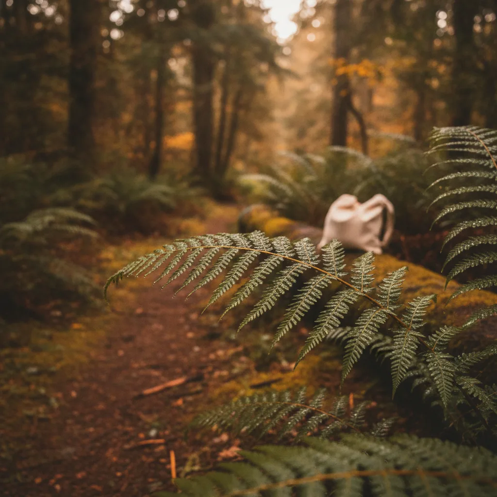 Raindrops on fern fronds beside a Nova Scotia forest path with a canvas foraging bag in the background.