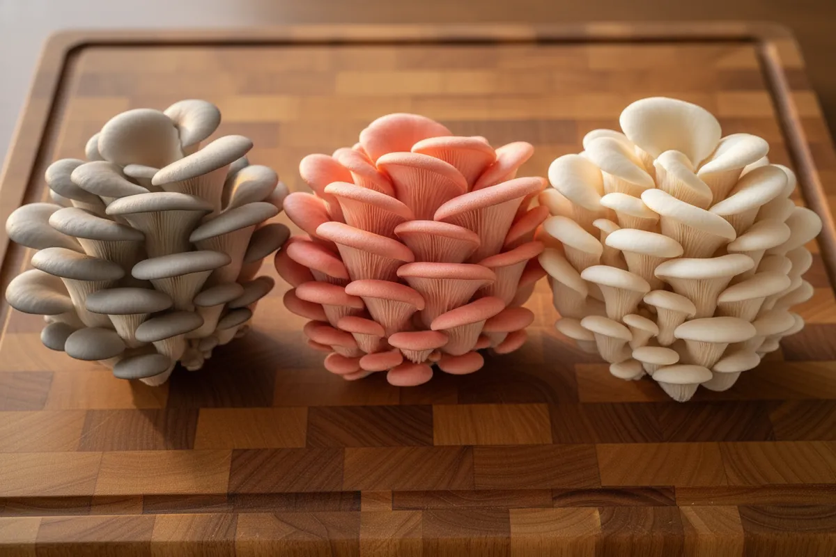 Three oyster mushroom varieties side by side — blue, pink, and white