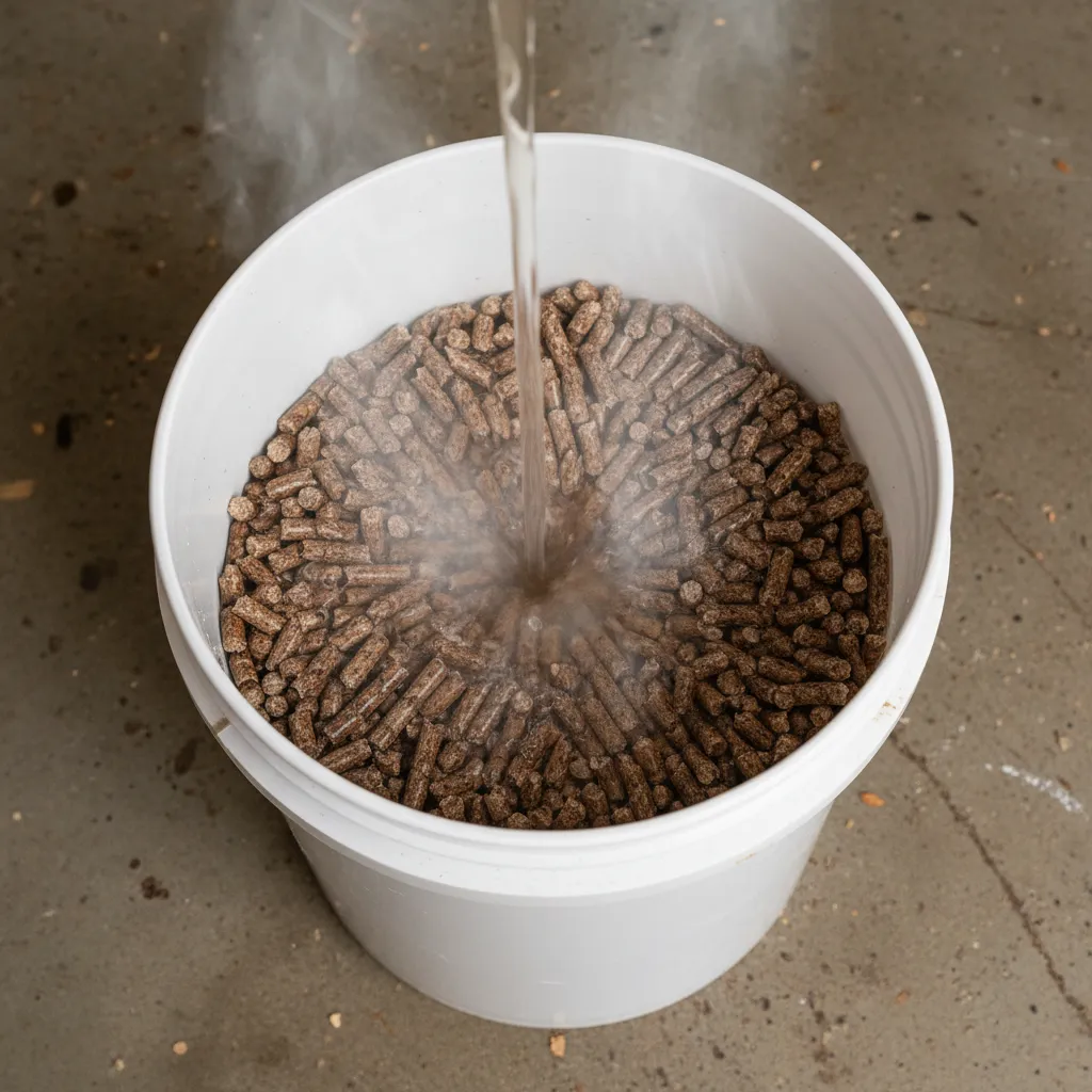 Hydrating hardwood pellets — they expand and break apart with hot water