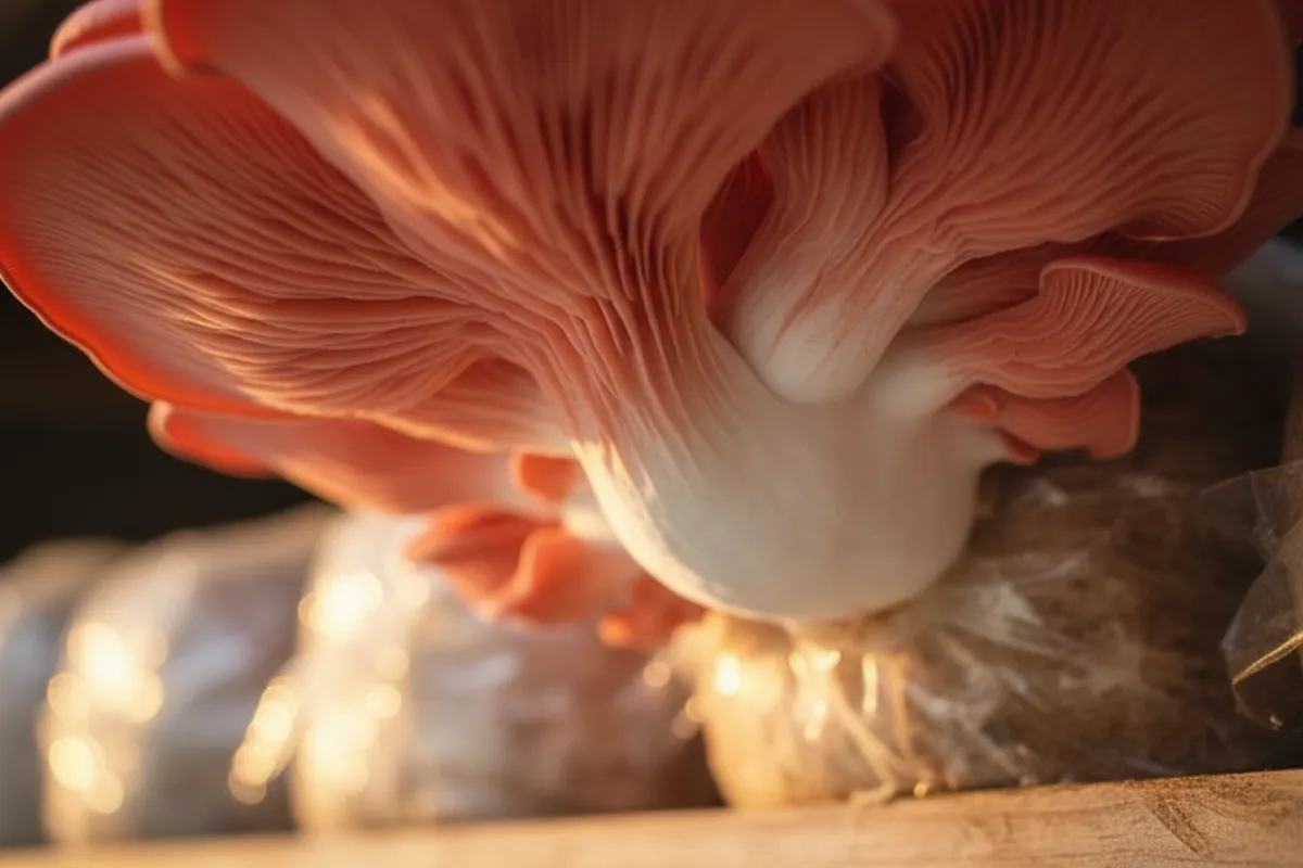 Close-up of pink oyster mushroom gills — intricate and beautiful