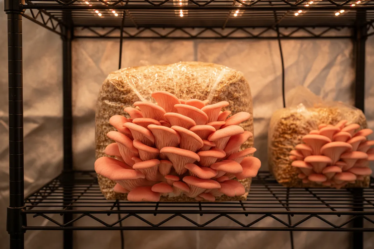 Pink oyster mushrooms fruiting in a warm growing environment