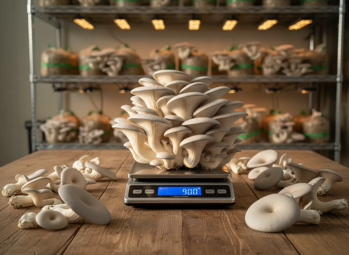 A large harvest of blue oyster mushrooms being weighed — impressive commercial yield