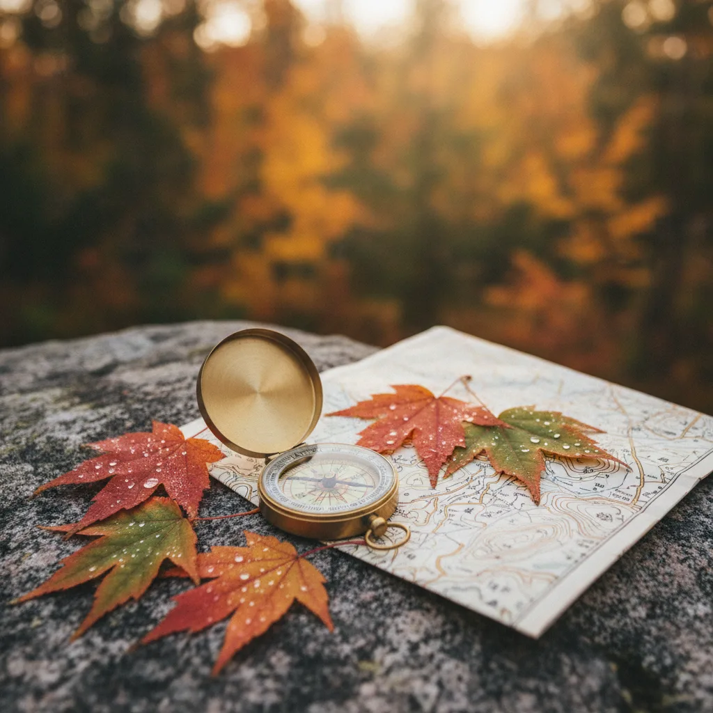 Compass and folded map on granite with maple leaves in a Quebec Laurentian forest setting.