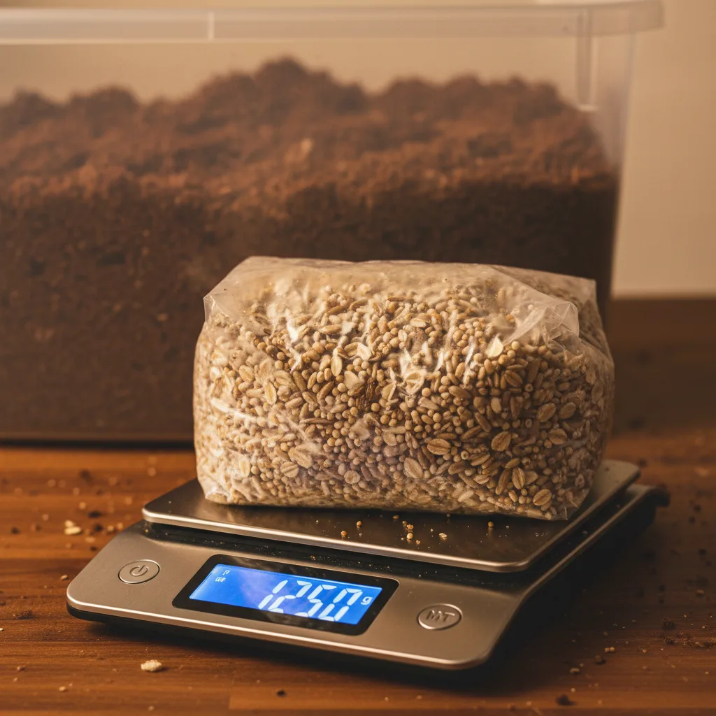 Weighing grain spawn on a digital scale to calculate the right ratio