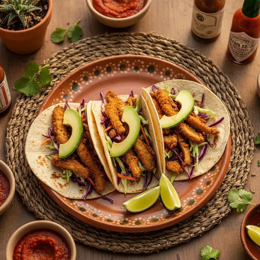 Crispy mushroom tacos with avocado, cabbage, and lime