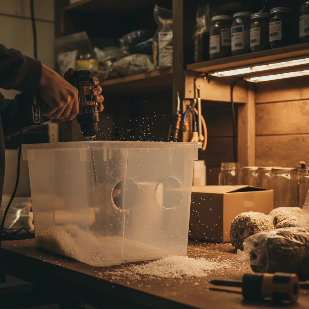 Drilling arm holes into a clear plastic tub to build a still air box