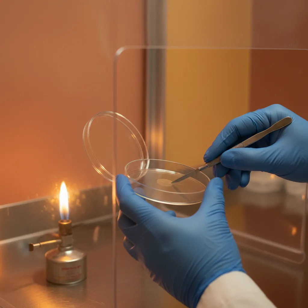 Working inside a still air box — gloved hands with agar plate and scalpel