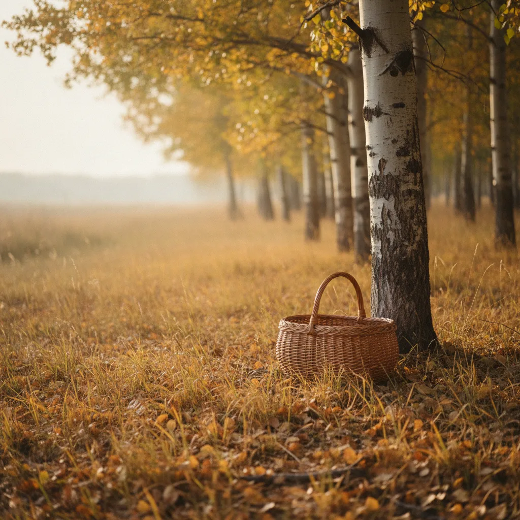 Simple basket beside an aspen trunk in Saskatchewan parkland grass and leaf litter.
