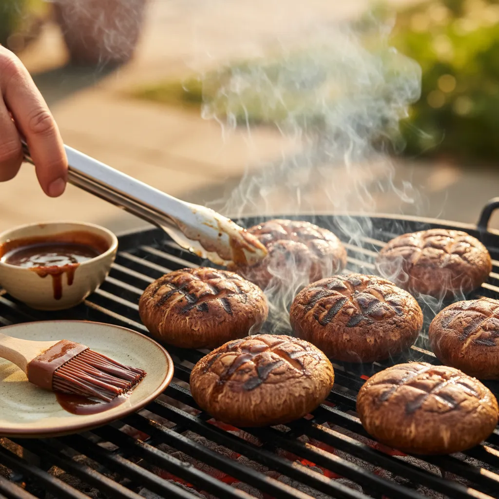 Grilled shiitake caps with teriyaki glaze — a summer favourite