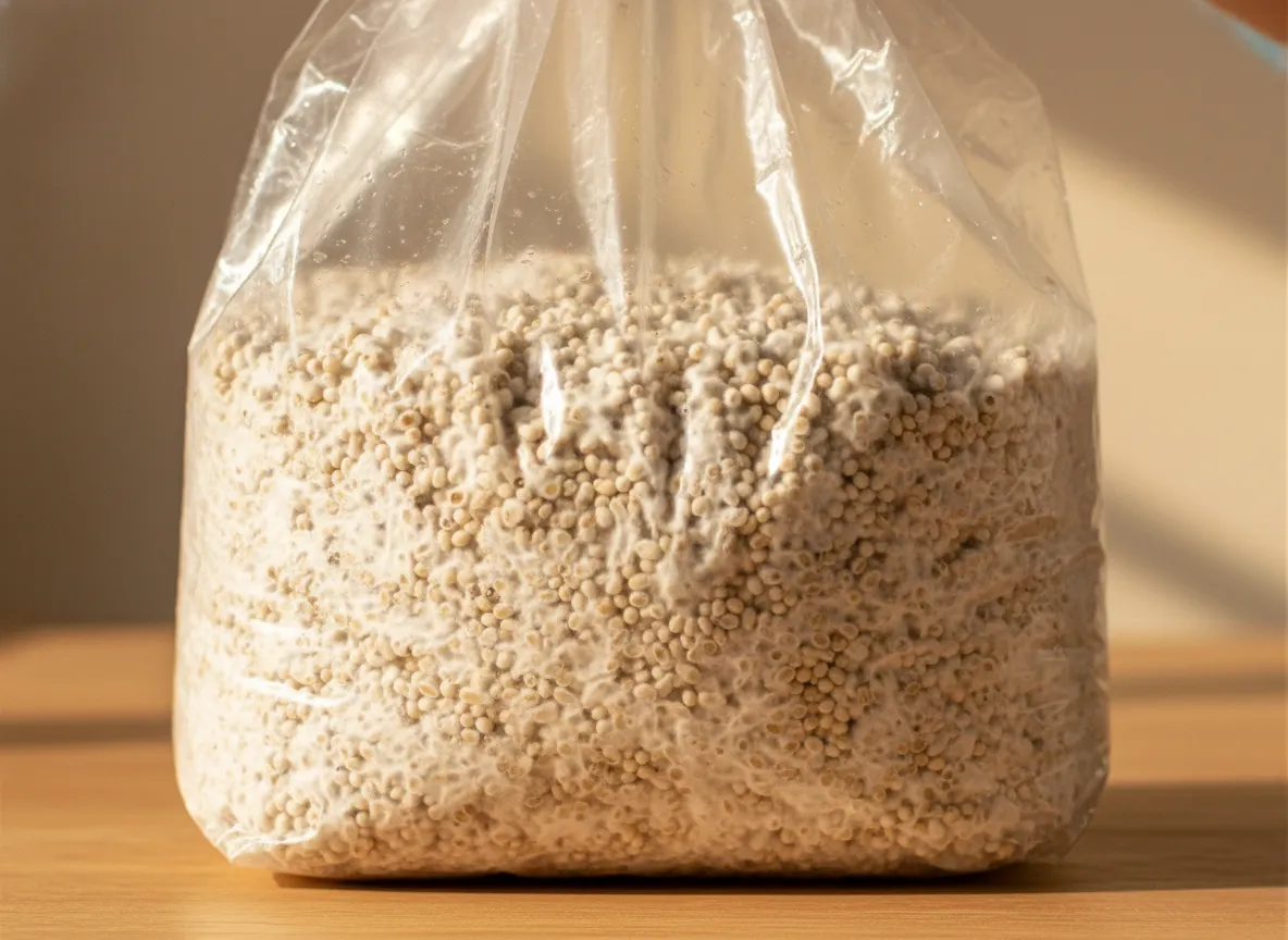 Colonized grain spawn — white mycelium covering millet kernels