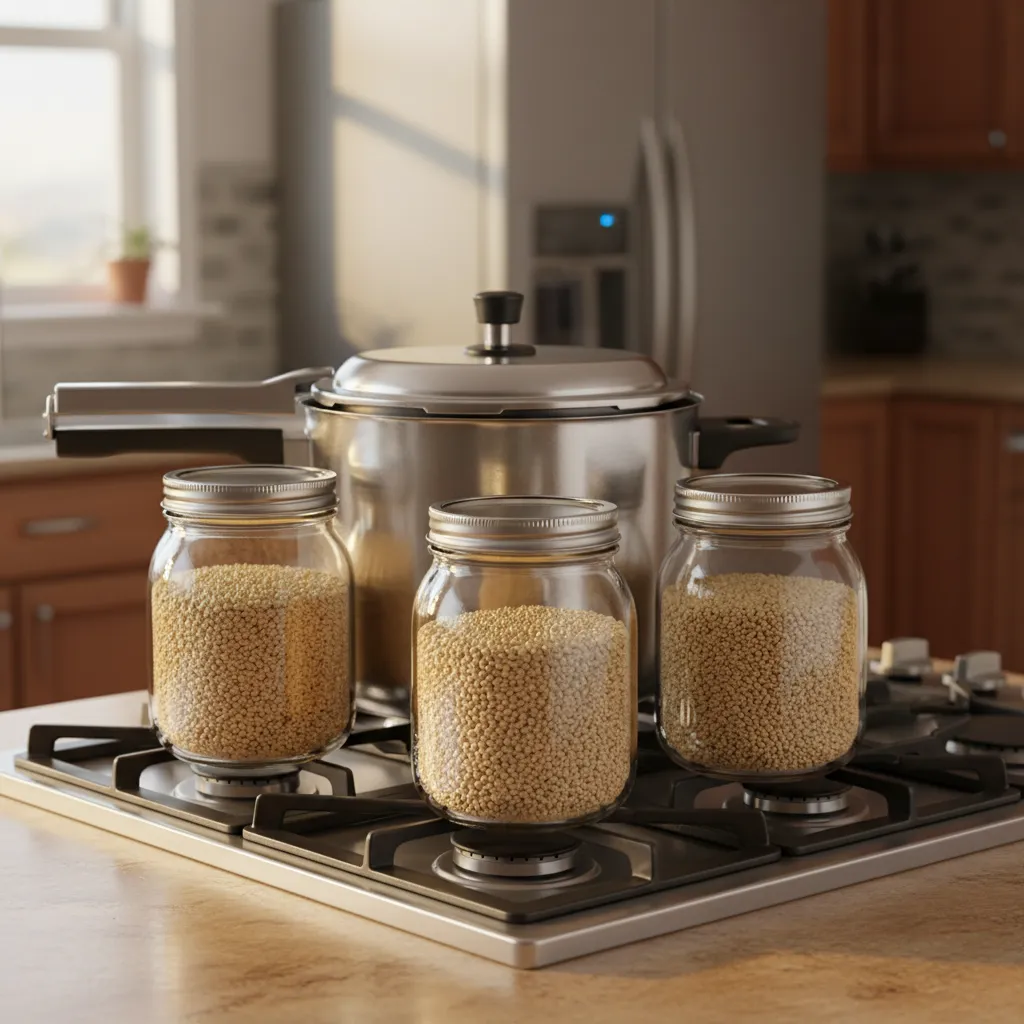 Grain jars loaded inside a pressure cooker for sterilization