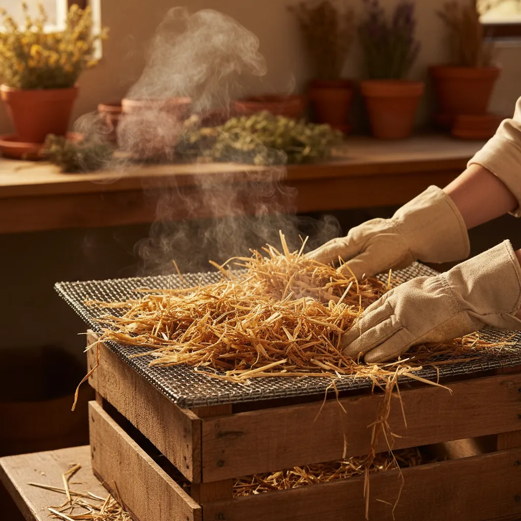 Freshly pasteurized straw draining and cooling before inoculation