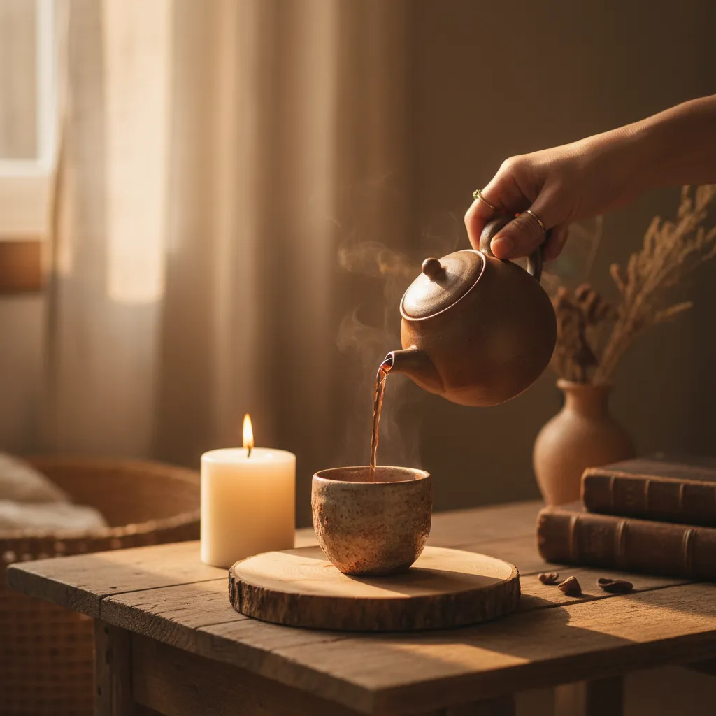 Pouring dark reishi tea — a calming bedtime ritual