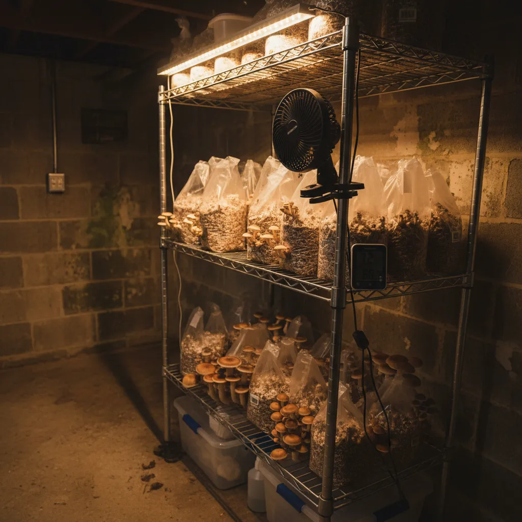 A home mushroom growing setup in a basement — wire shelving with grow bags