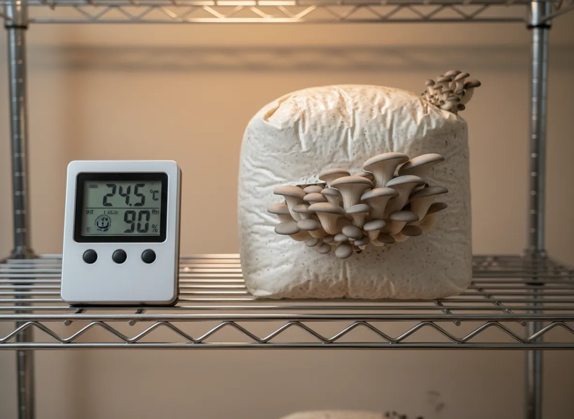 Digital thermometer monitoring temperature next to fruiting mushrooms