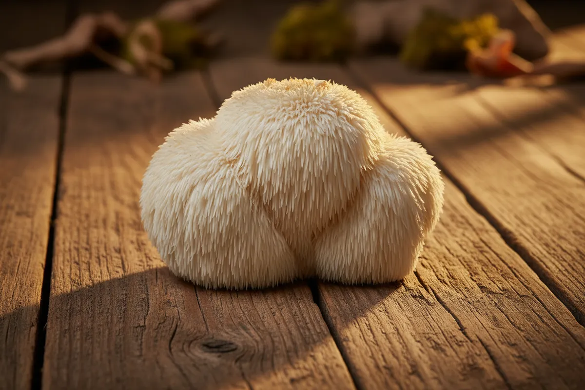 A whole fresh lion's mane mushroom with dramatic cascading spines