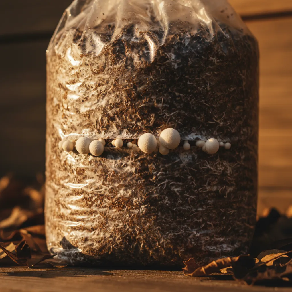Lion's mane pins forming on a substrate block — the start of fruiting