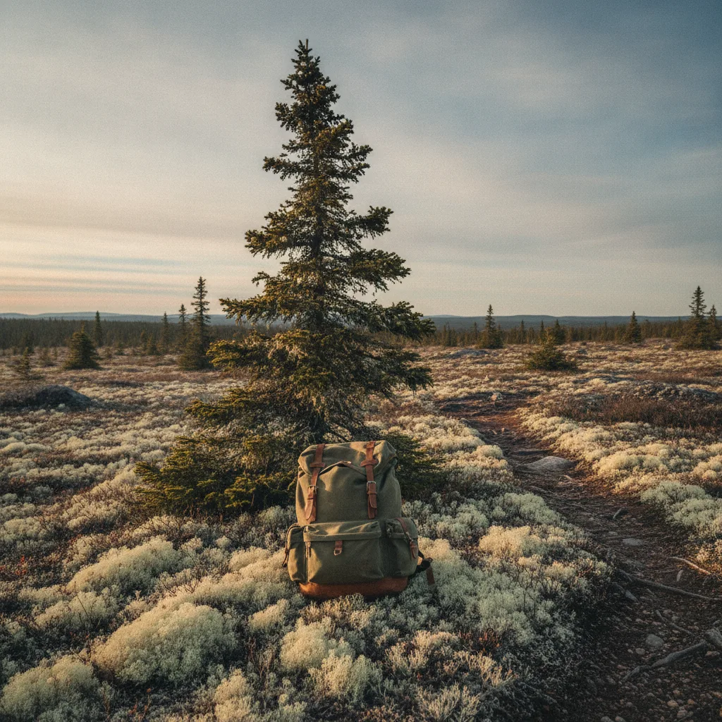 Backpack on pale lichen near black spruce at the edge of northern Canadian boreal and tundra habitat.