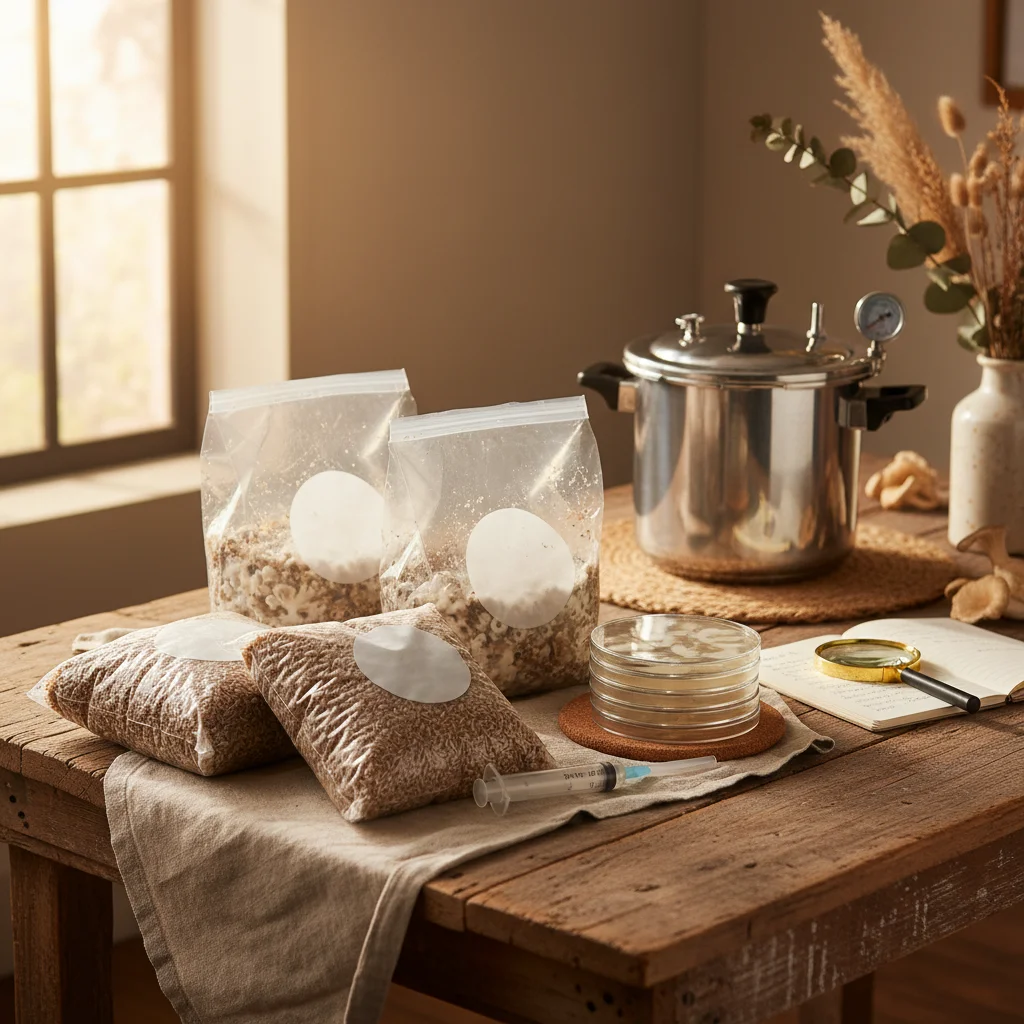 Mushroom growing supplies including grain spawn, grow bags, and agar plates
