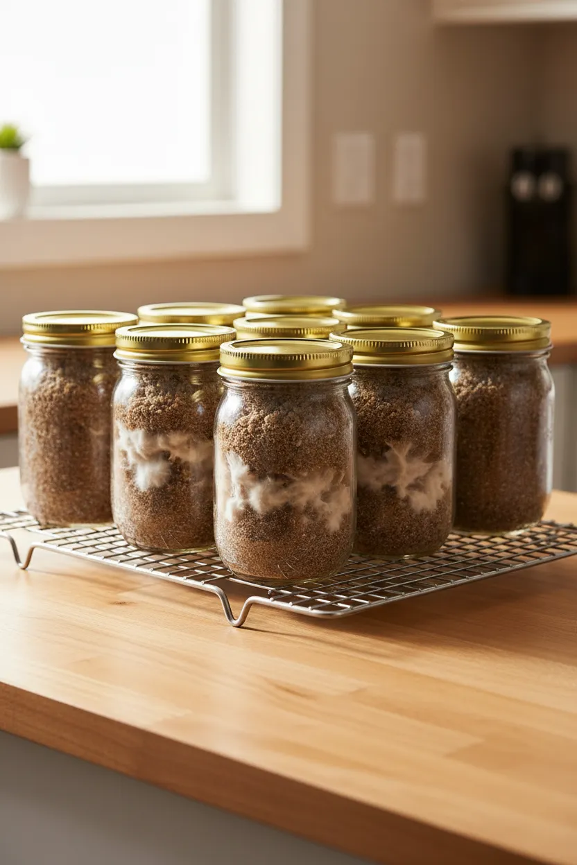 Colonized BRF cakes ready for fruiting in a shotgun fruiting chamber