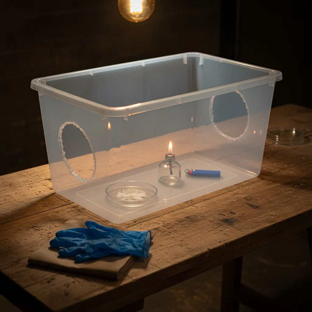 A clear plastic tub modified into a still air box with arm holes for sterile mushroom work